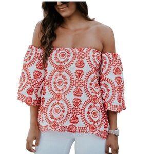 Chicwish Red and white Embroidered Off The Shoulder Top Small